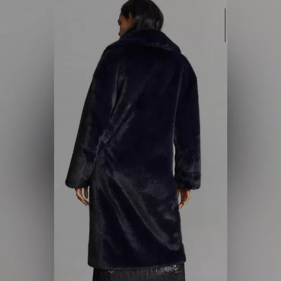 NWT | ANTHROPOLOGIE Avec Les Filles Deep Navy Luxe Faux-Fur Blue Mink Long Coat - Picture 4 of 11